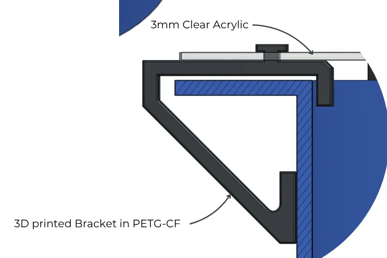 Section drawing of the first bracket: a black triangular PETG-CF hook under the tank's rim, holding the 3 mm clear acrylic on top