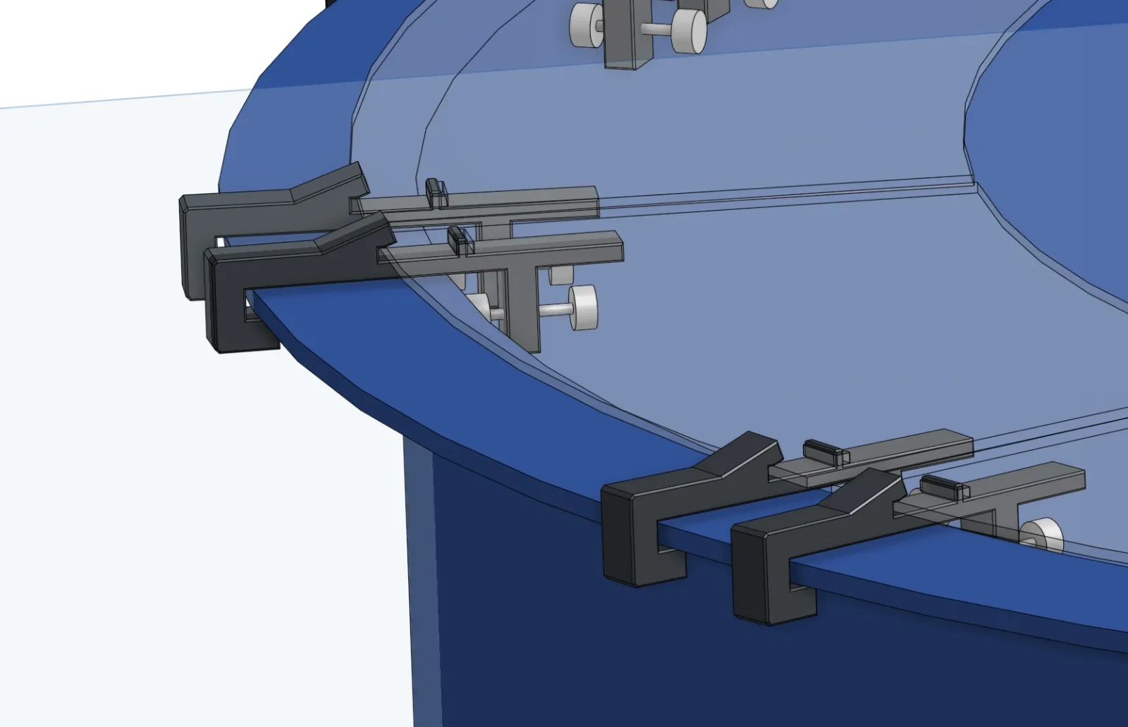 Render of black clamp arms on a blue tank's rim, each with a screw underneath and the clear acrylic panels resting on the arms