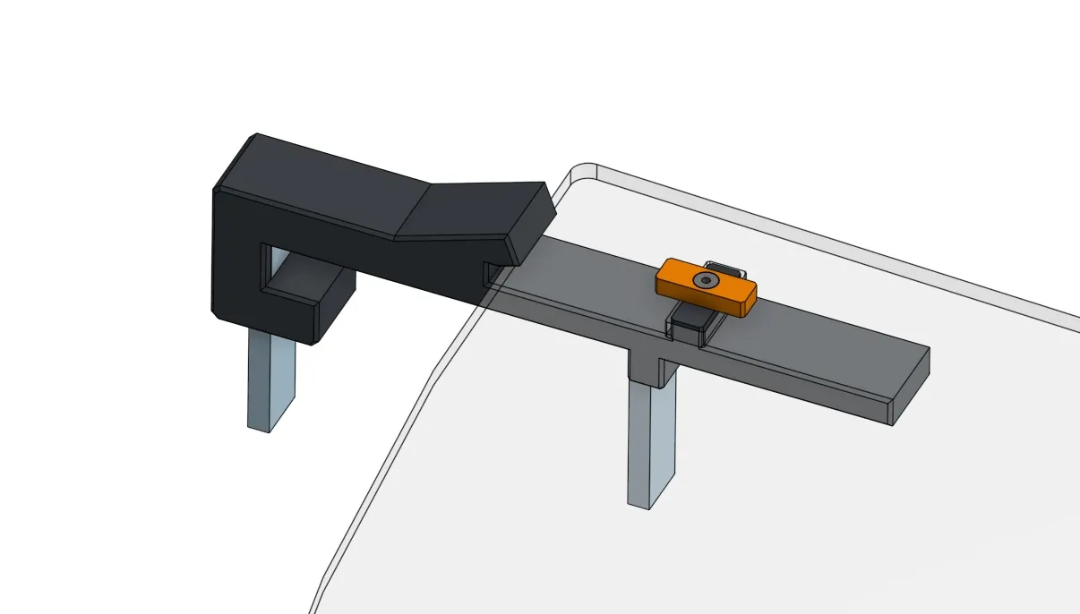 Render of the final clamp: a black arm reaching over a clear acrylic panel, with an orange turn latch on the arm over the panel