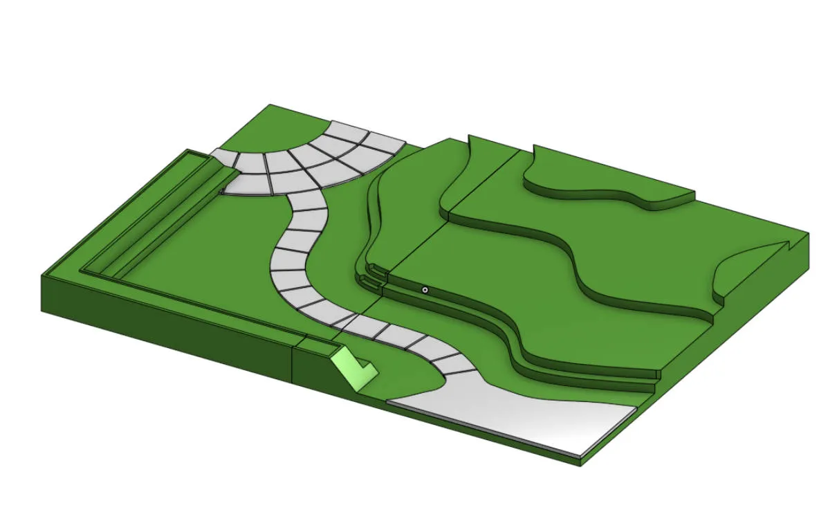 Render of the green roof terrain for the future data centre, with rolling levels and a curving path