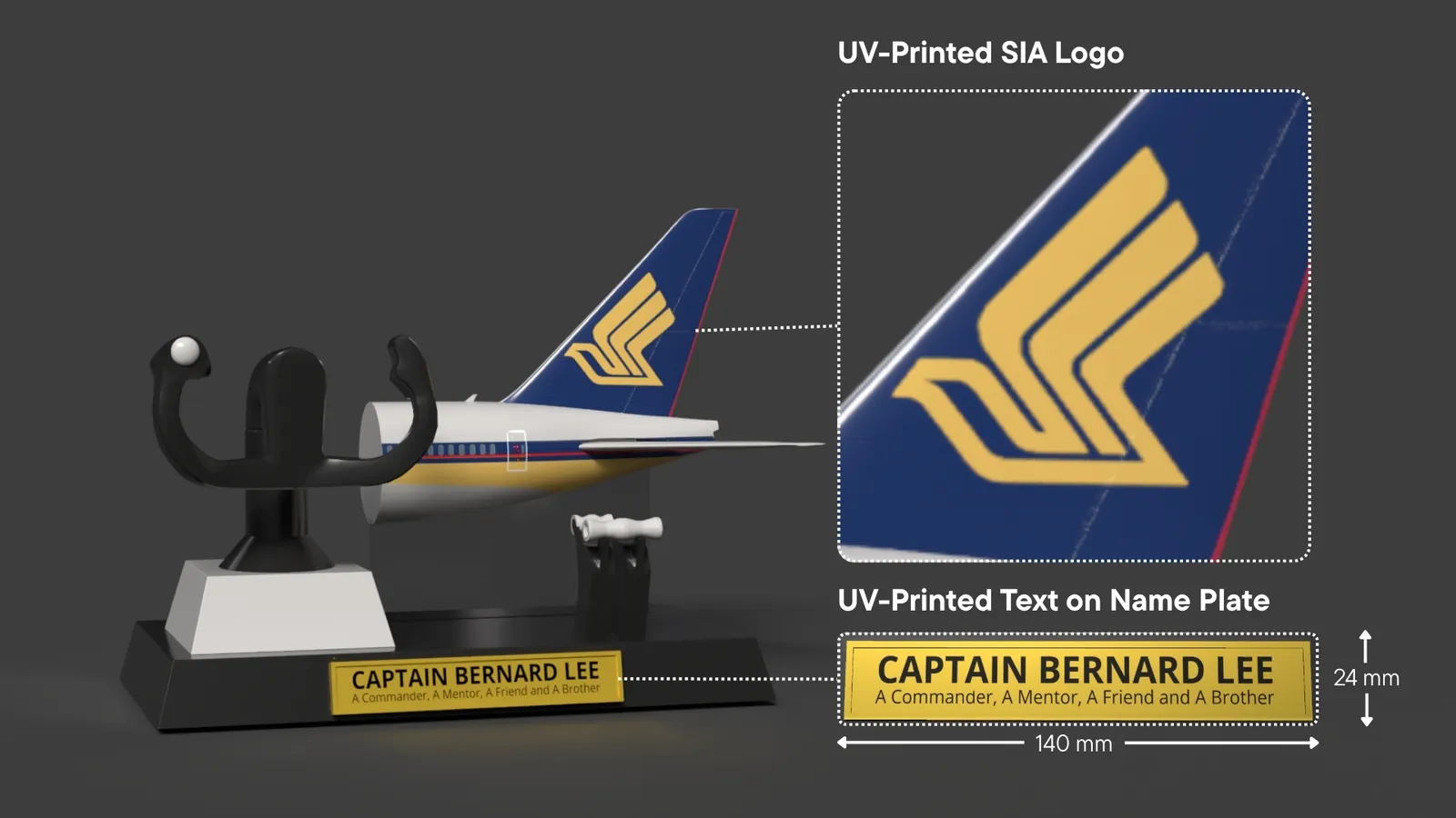Design render of the UV-printed airline logo on the tail and the 140 mm by 24 mm gold nameplate