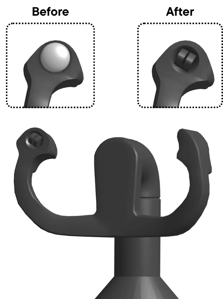 Render of the yoke handle before and after the second revision, the round knob swapped for the button from the client's