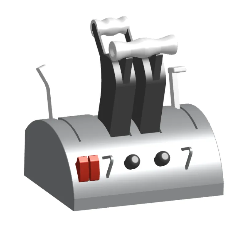 Render of the full throttle column: two black levers with white handles, red switches and side levers on a grey housing