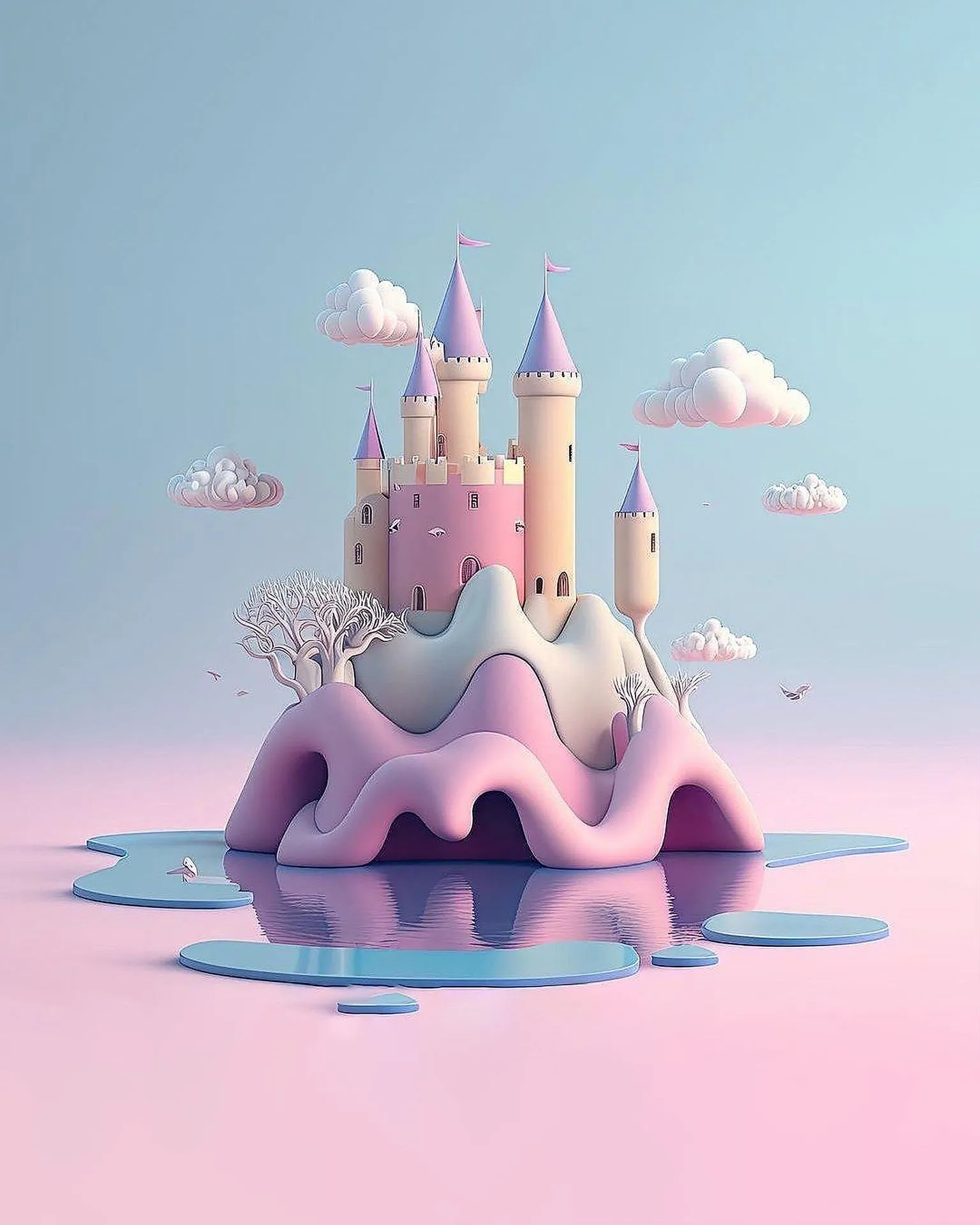 The client's reference image: a pastel castle with lilac roofs on a pink and grey island over a blue puddle, with small clouds in a pale sky