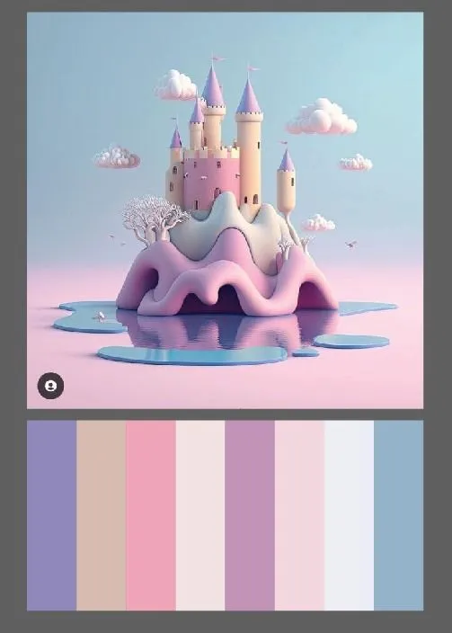 The reference image above a strip of eight colour swatches taken from it, from lilac and sand to pinks and pale blue