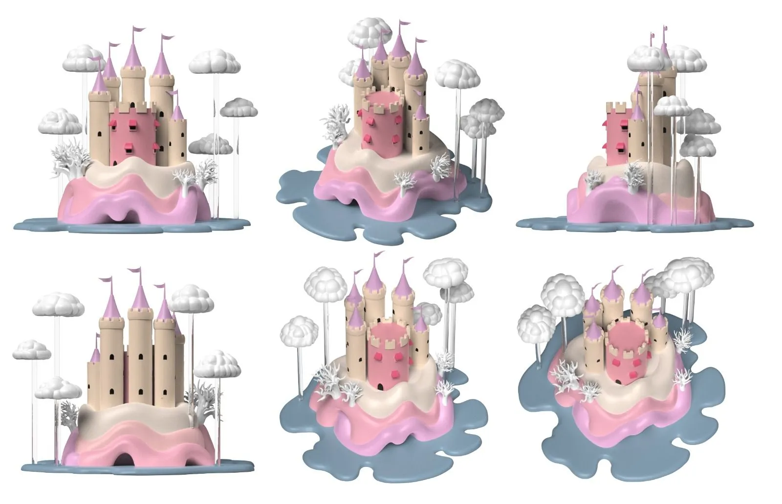 Six views of the coloured 3D model: the castle on its pink island with clouds on stalks, from the front, side, back and above