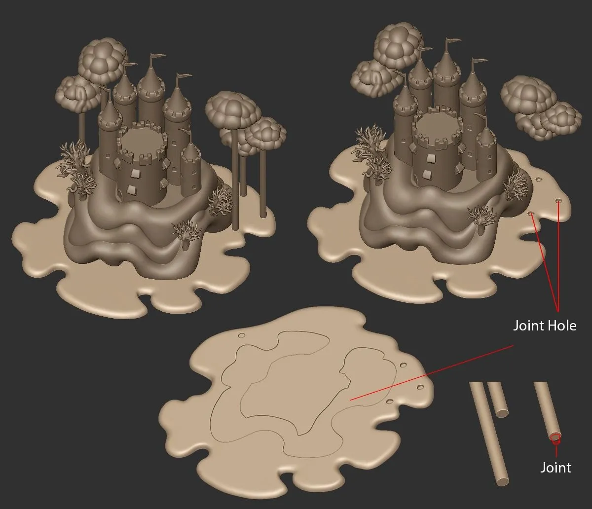 The castle model split into parts, with the base slab separated and its joint hole and two joint pins labelled