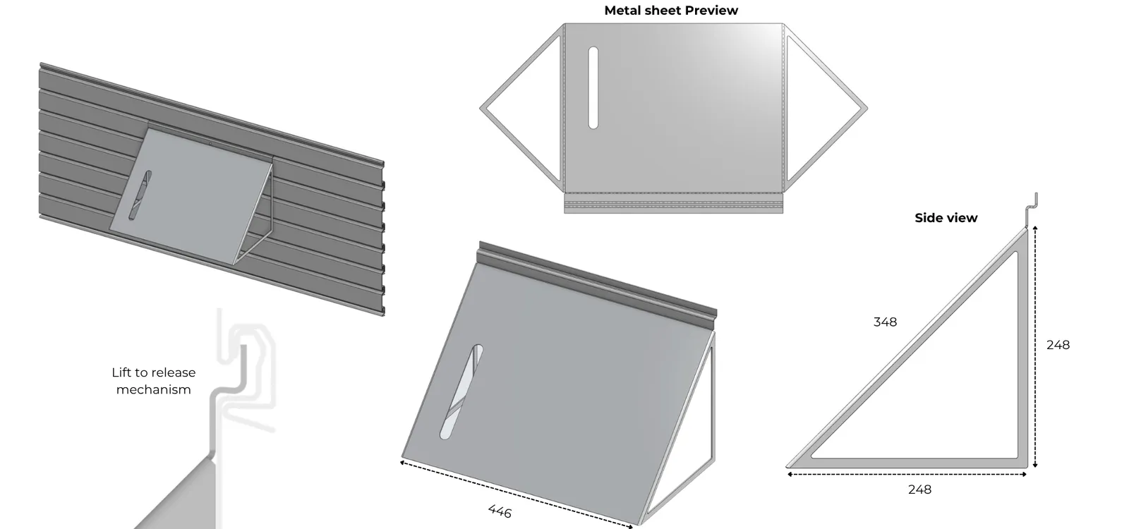 Render of the regulator display: a sloped steel panel with a hose slot on the slatwall, its flat sheet before bending, the lift-to-release hook and a side view marked 348, 248 and 248 mm