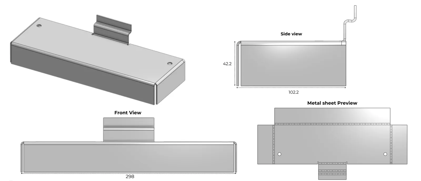 Render of the mask display: a shallow steel shelf with a slatwall hook, front view 298 mm wide, side view 102.2 by 42.2 mm and the flat sheet before bending