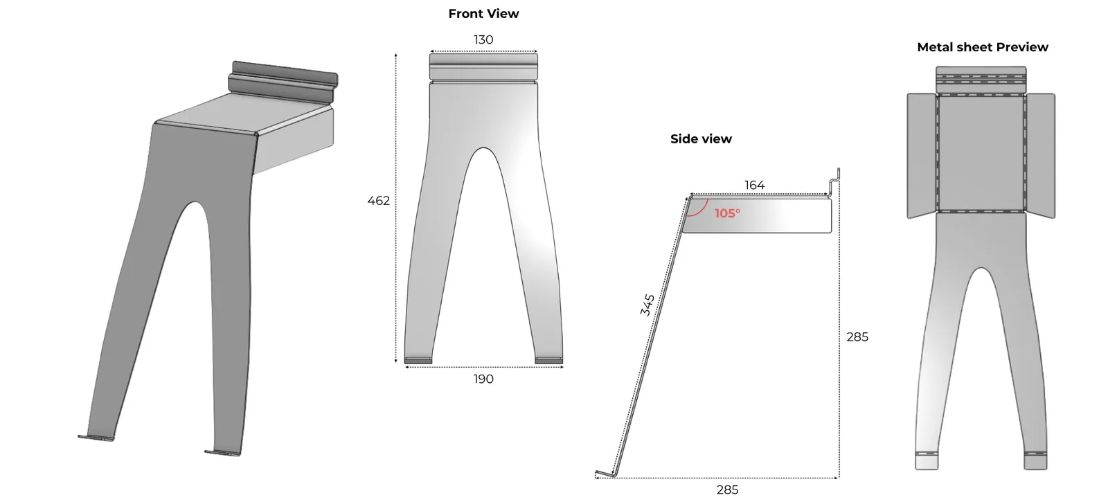 Render of the fin stand: two legs splitting from a slatwall shelf, 462 mm tall and 190 mm wide at the feet, set at 105° in the side view, with its flat sheet