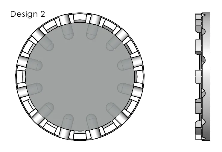 Design drawing of option 2 from the first round: separate raised blocks around the rim and 12 lift slots, top and side views