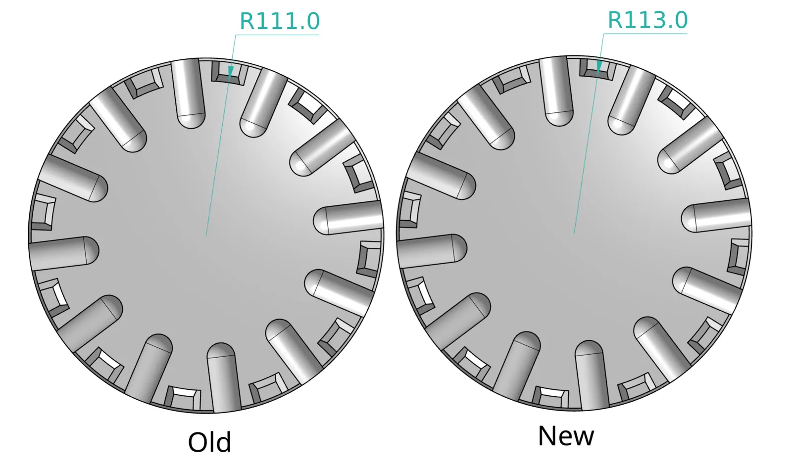 Drawing comparing the old and new holder: the inner radius grew from 111 mm to 113 mm