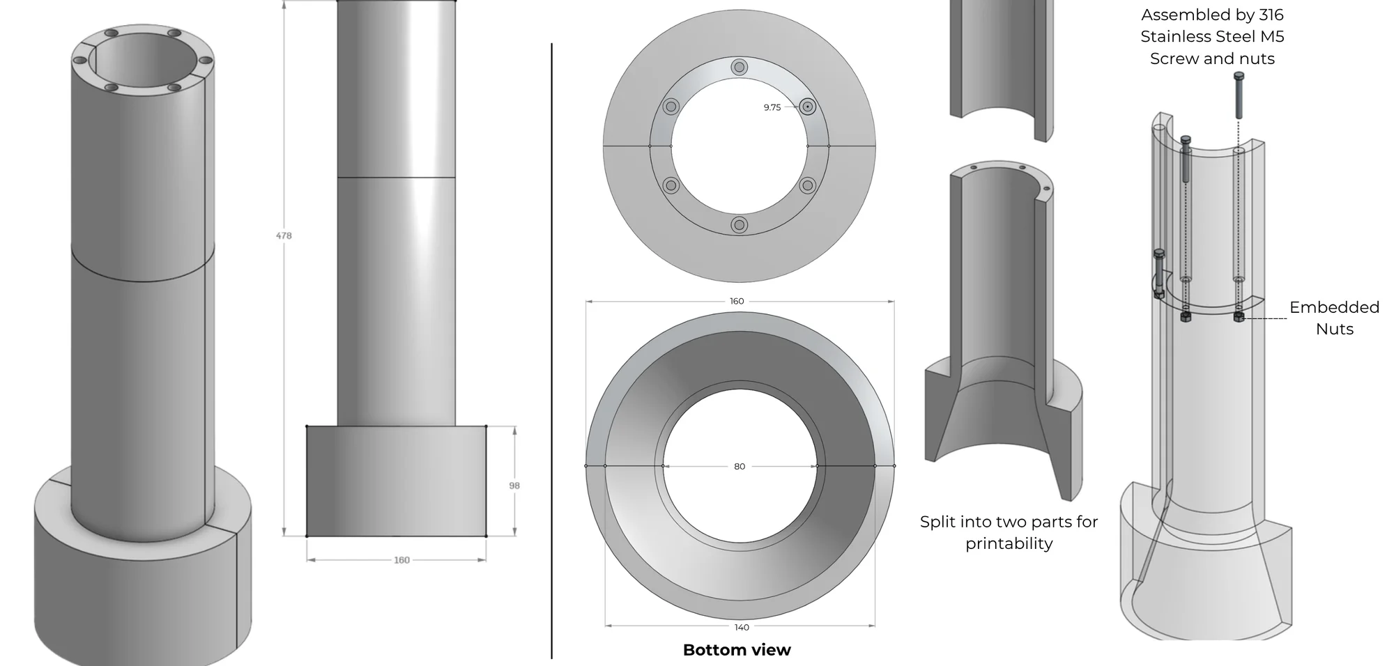 Render of the first bagel mould design: a tall white column on a wider base, drawn 478 mm high, with top and bottom views, the two printed halves and the screws and embedded nuts that join them