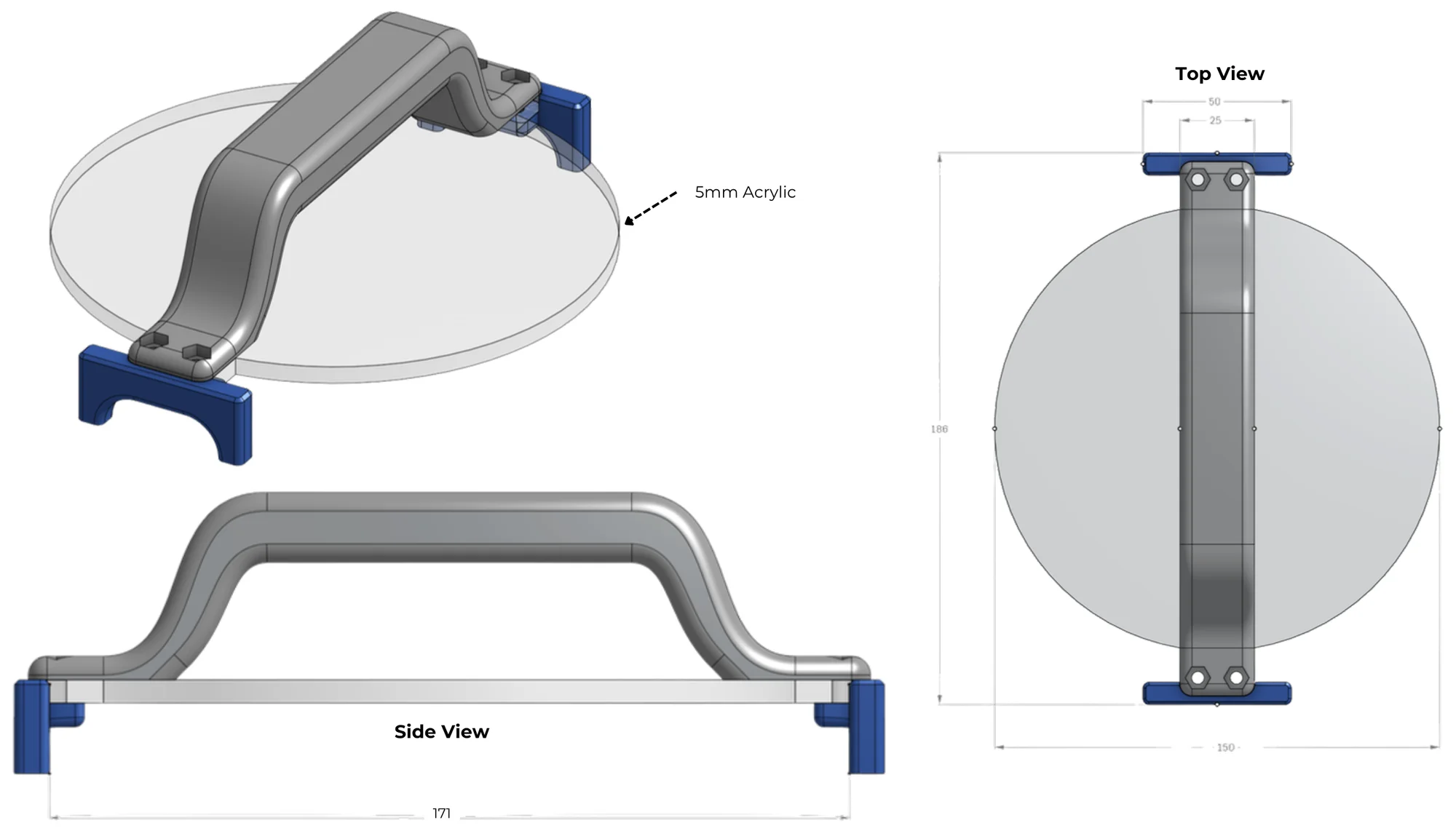 Render of the first cookie stamp design: a grey handle over a clear 5 mm acrylic disc, clipped on by blue printed end blocks, in side and top views