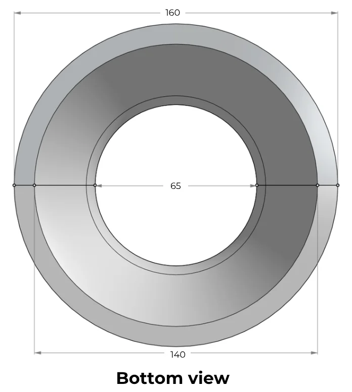 Bottom view drawing of the revised bagel mould: a 160 mm outer ring tapering to a 65 mm opening at the centre