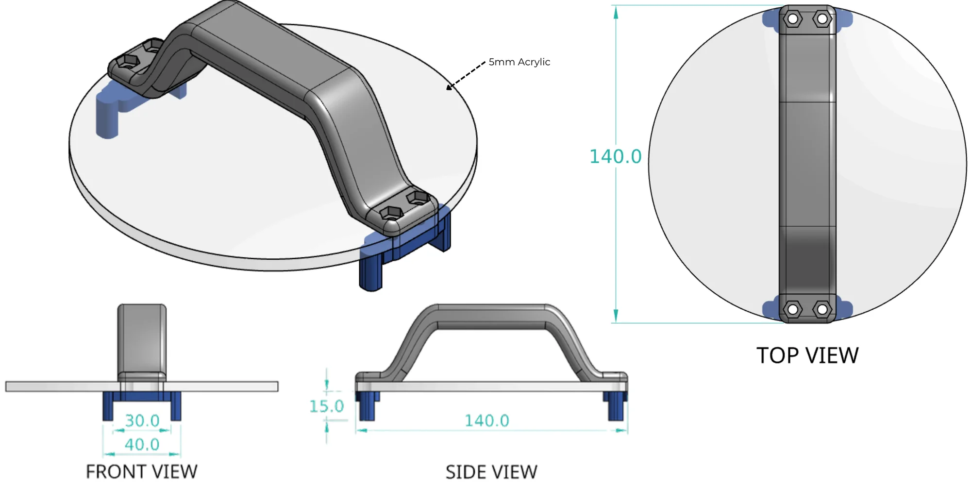 Render of the second cookie stamp design: a 140 mm clear acrylic disc under the handle, with four short blue feet 15 mm deep, in front, side and top views