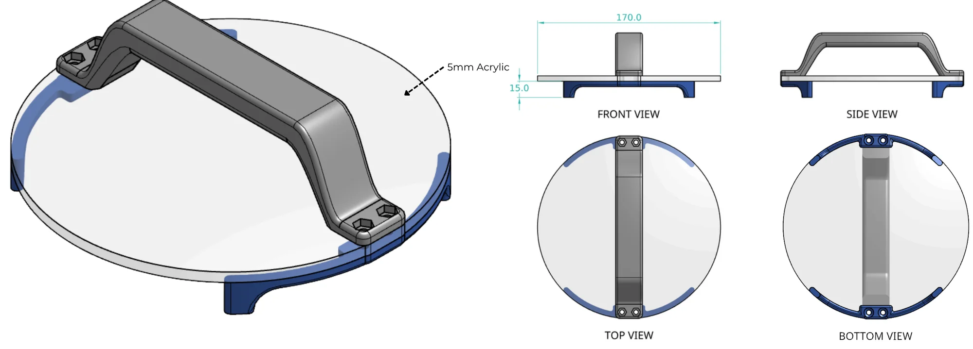 Render of the final cookie stamp design: curved blue feet following the rim of the clear acrylic disc, the handle screwed through at each end, in front, side, top and bottom views