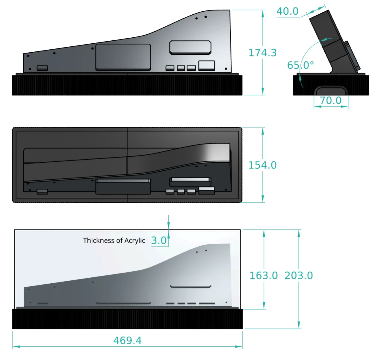 Design drawing with the main sizes: about 470 mm long and 203 mm tall with the cover, 3 mm acrylic, and the panel tilted at