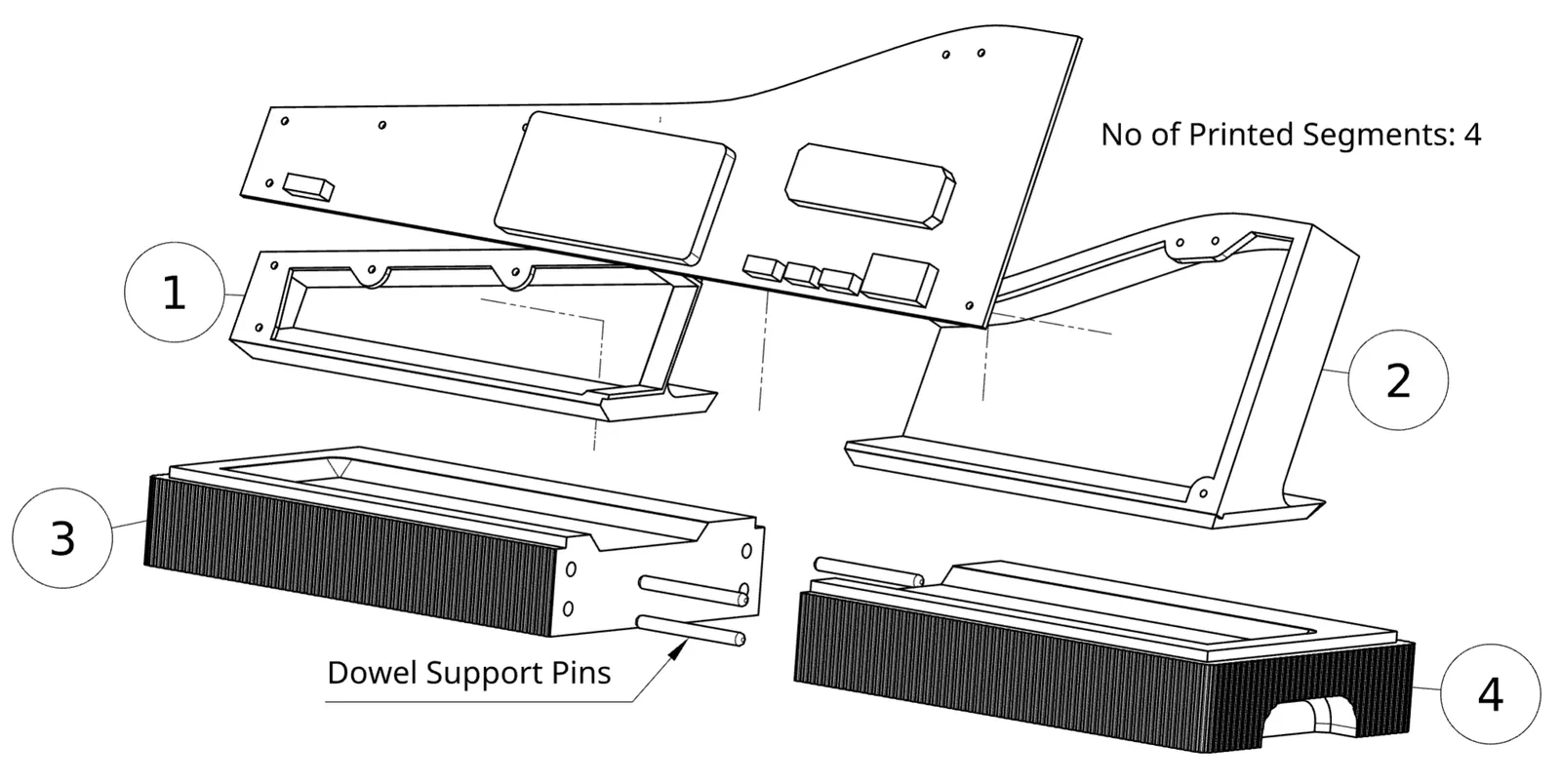 Exploded drawing of the four printed parts: two halves of the base joined by metal dowel pins, and two parts that make the