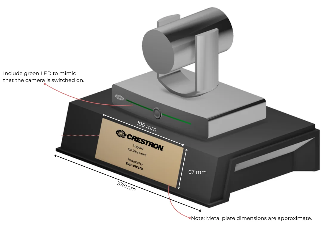 Render of the second design: the camera on its base with a green LED line across the front and a 190 by 67 mm gold nameplate