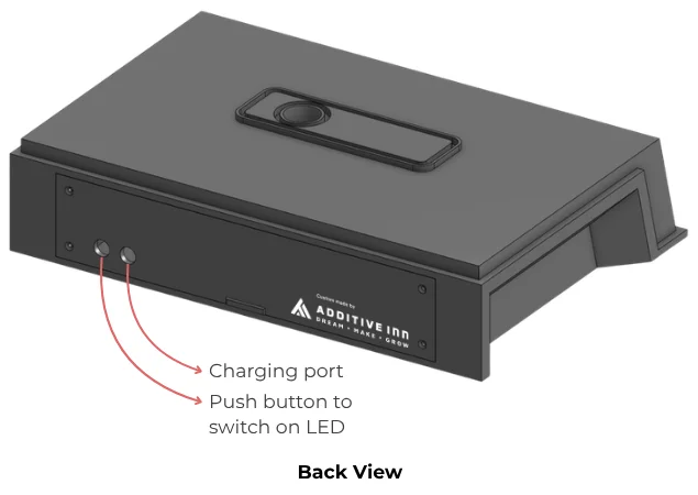 Render of the back of the base, with a charging port and a push button to switch on the LED