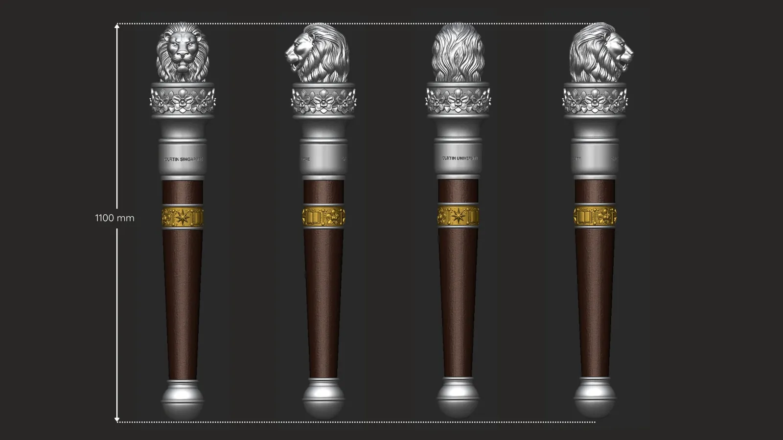 Render of the mace design in four views, front, side, back and side, at its full 1100 mm height