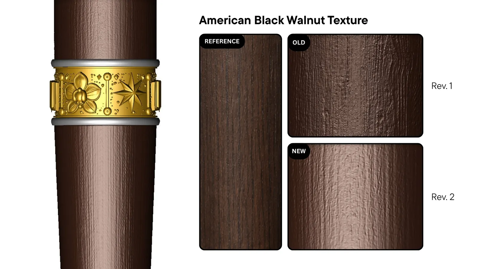 Render comparing the American Black Walnut reference with the first and second versions of the wood grain printed into the