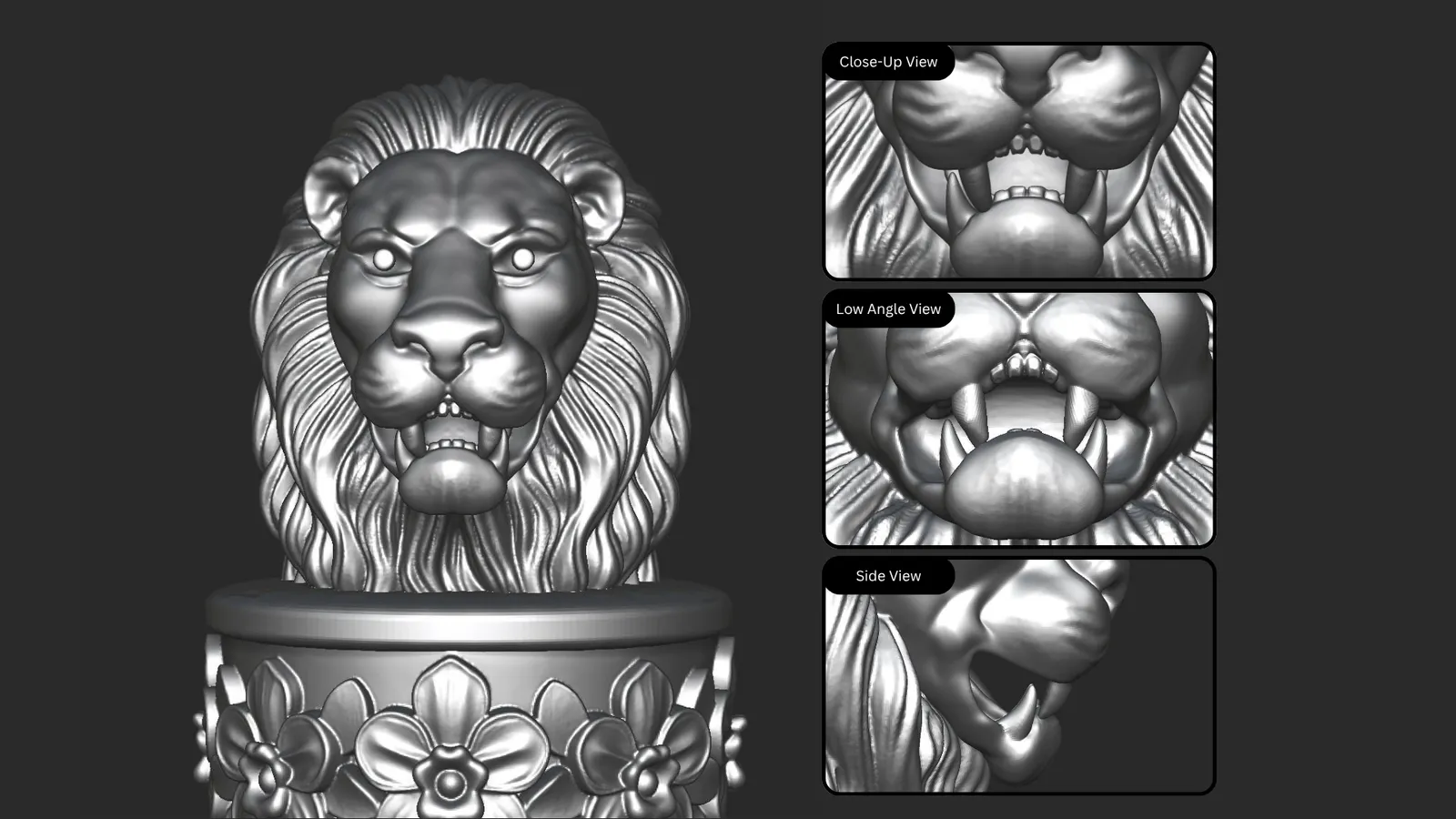 Render of the revised lion head with the front teeth shortened and rounded, seen from the front, close up, low down and side