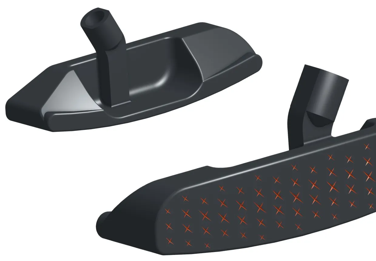 Render of the first putter head design in matt black from the back and from the face, the face covered in small crosses picked out in orange