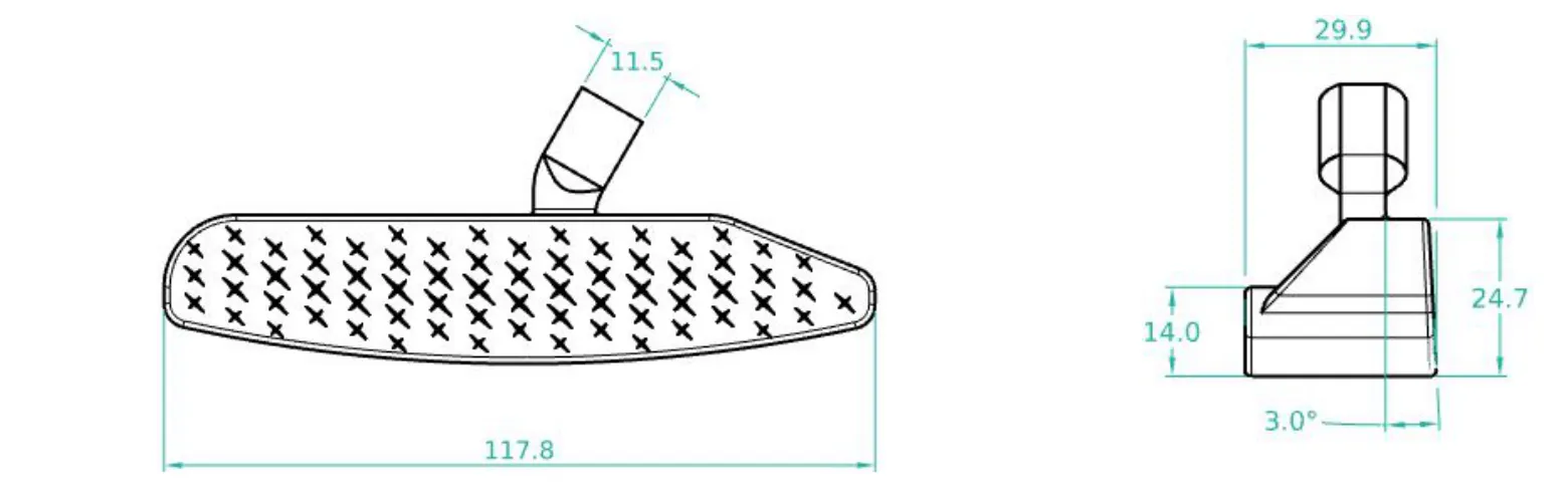 Line drawing of the first design: the face with its pattern of crosses, 117.8 mm long, and a side view marked 29.9 mm deep, 24.7 mm high with a 3.0 degree loft