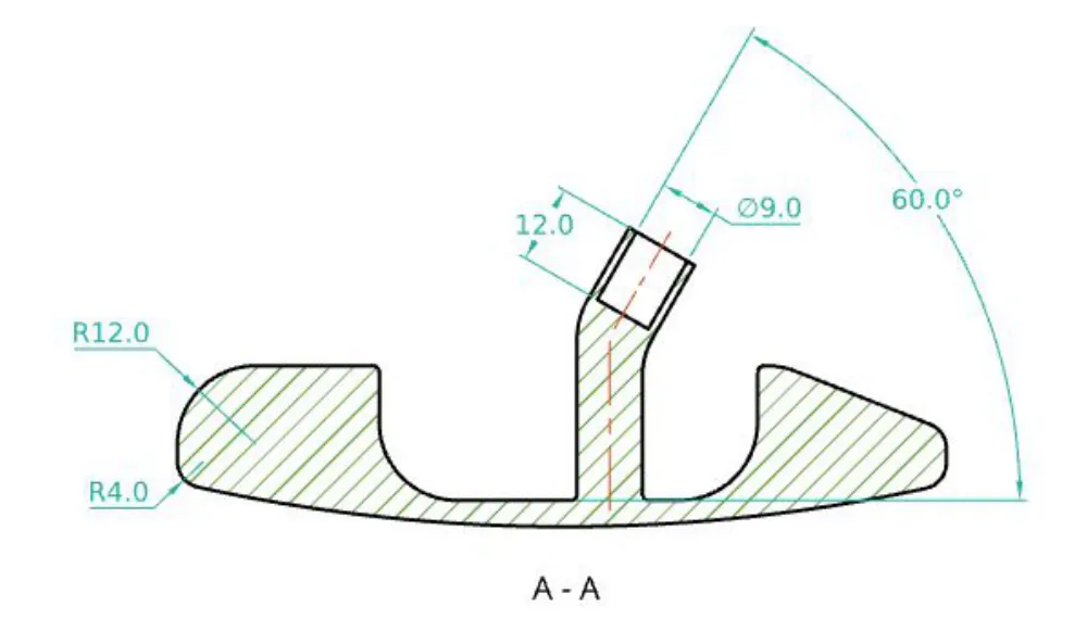 Section through the first design: a solid body with a short 9 mm socket for the shaft set at 60 degrees