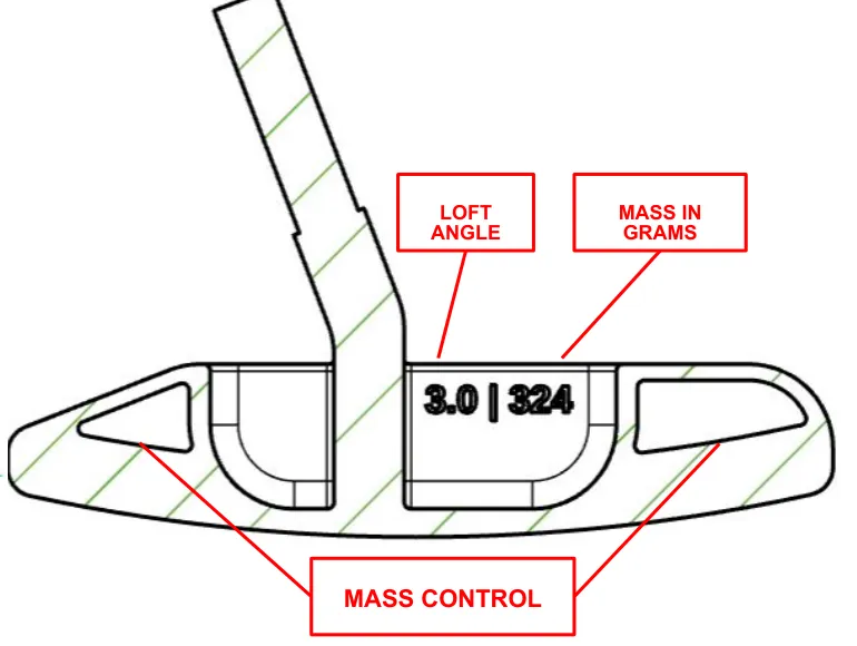 Drawing of the back of the final design labelling the loft angle and mass in grams, marked 3.0 | 324, and the two mass control pockets