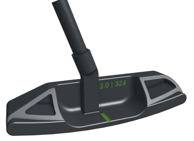 Render of the final design from the back with a shaft fitted: 3.0 | 324 marked between the pockets and a green alignment line