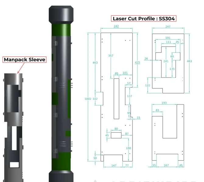 Render of the sleeve on its own and fitted on the upright missile, beside the revised laser-cut profiles in stainless steel 304