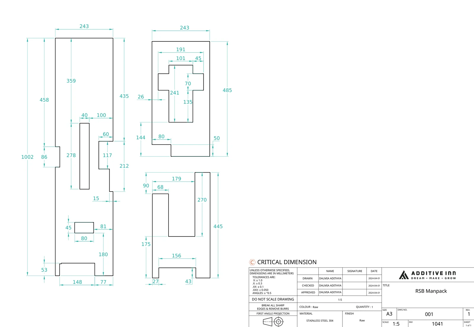 Our dimensioned drawing of the two flat stainless steel pieces, with their window and slot cut-outs and a title block giving stainless steel 304, raw finish, quantity one