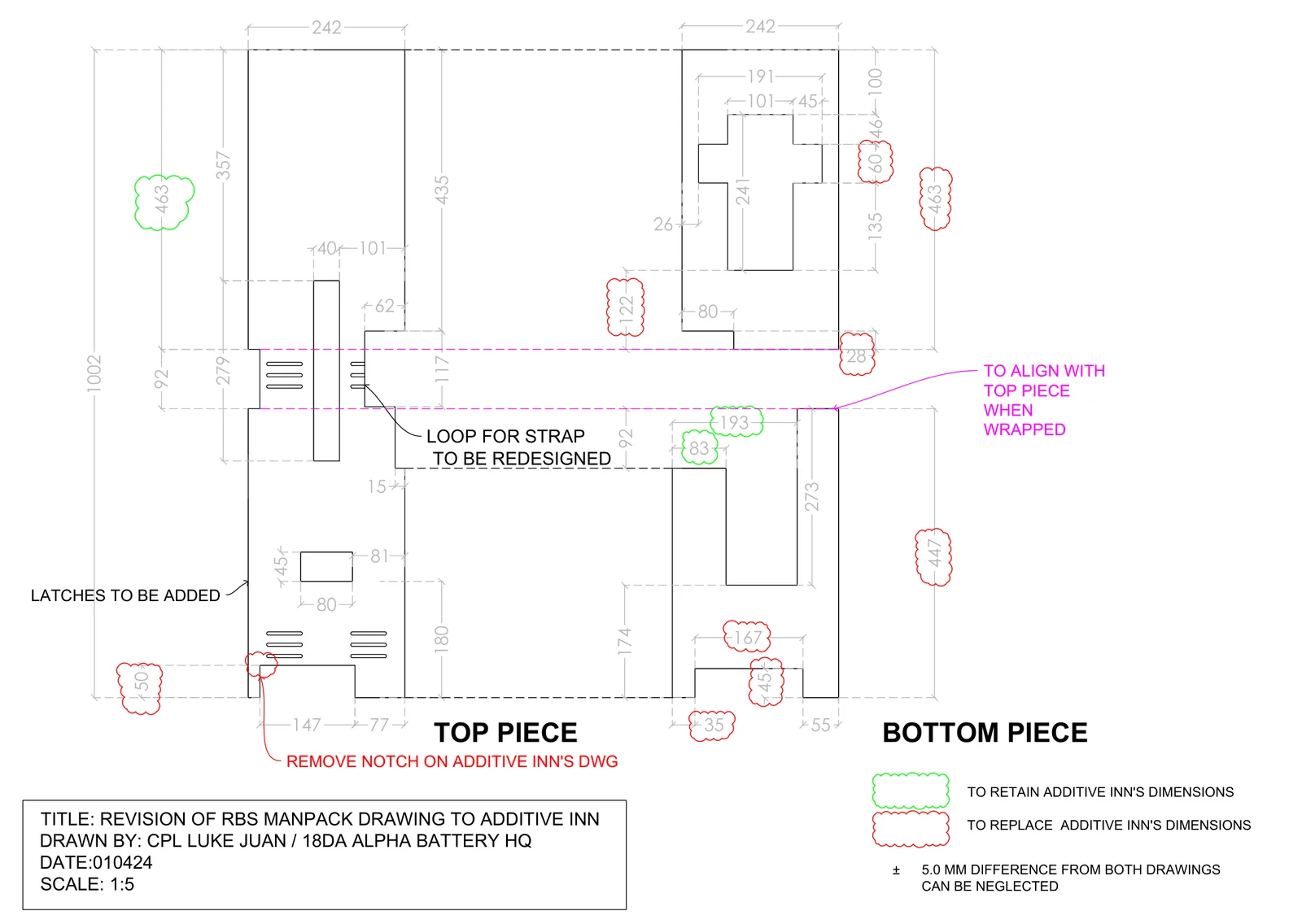 The unit's mark-up of our drawing: dimensions circled green to keep and red to replace, with notes to add latches, redesign the strap loop and align the two pieces when wrapped