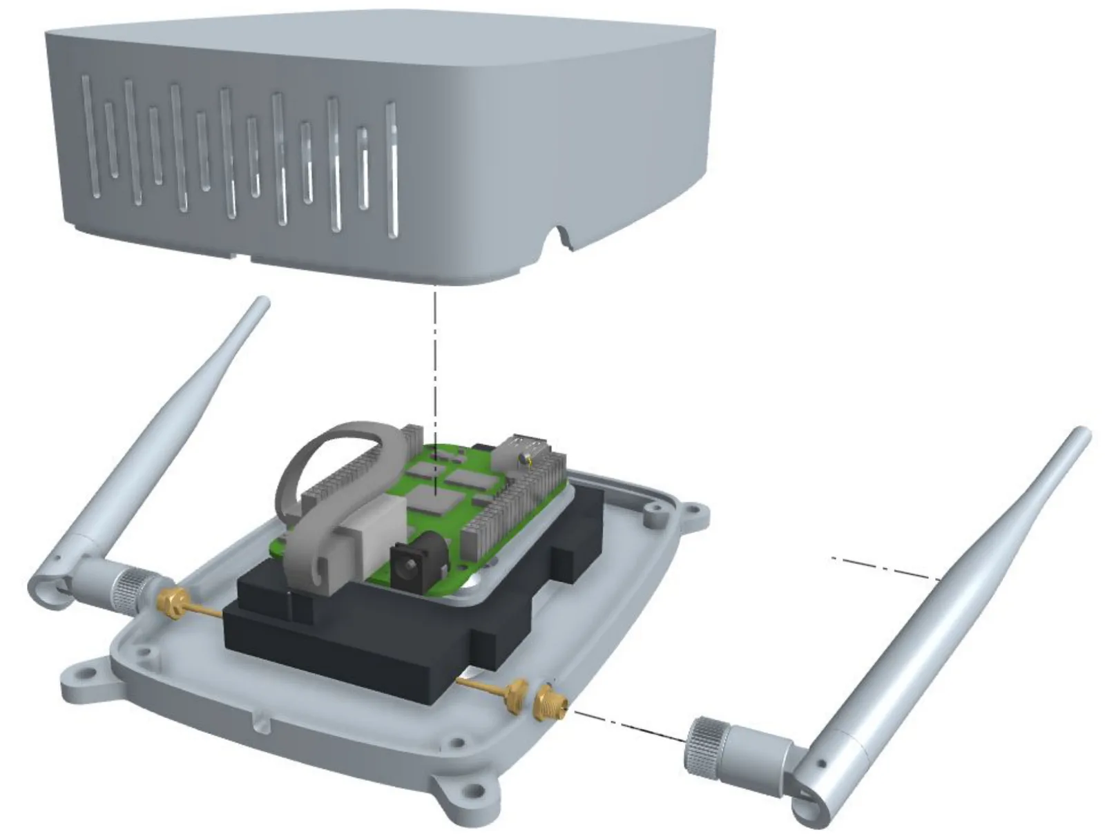 Exploded render of the first design: the vented lid lifted above the base, the BeagleBone on a black stacking block, and two antennas beside their brass ports