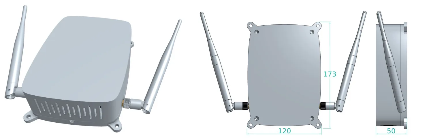 Render of the first design with its antennas up, beside top and side views measured at 173 by 120 by 50 mm