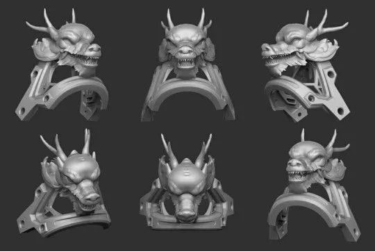 Grey 3D render of the dragon head and its curved heel bracket from six angles, showing the horns, open jaw and screw holes