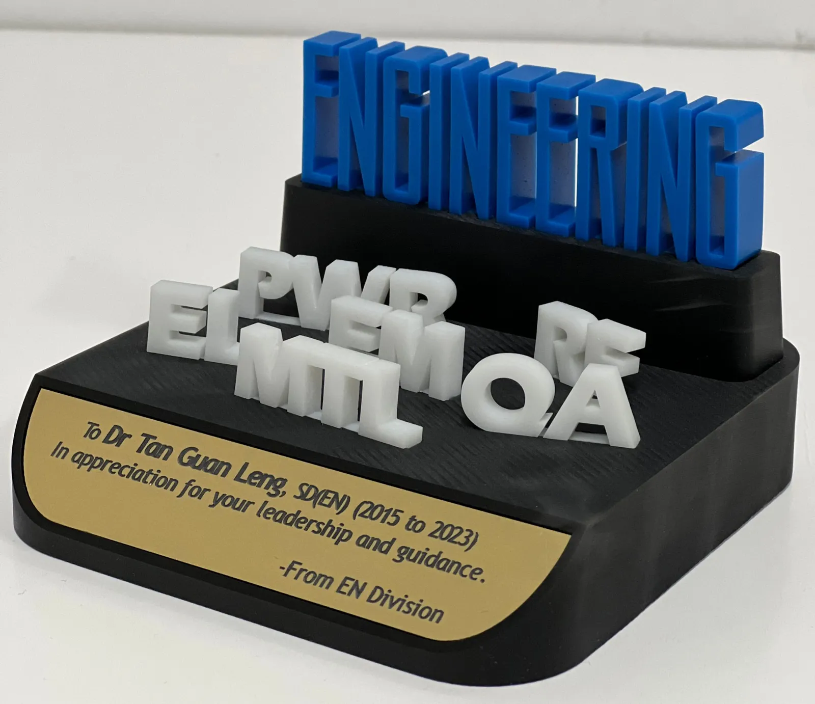 The finished trophy at an angle, with the abbreviations overlapping in layers and the gold plate angled towards the camera