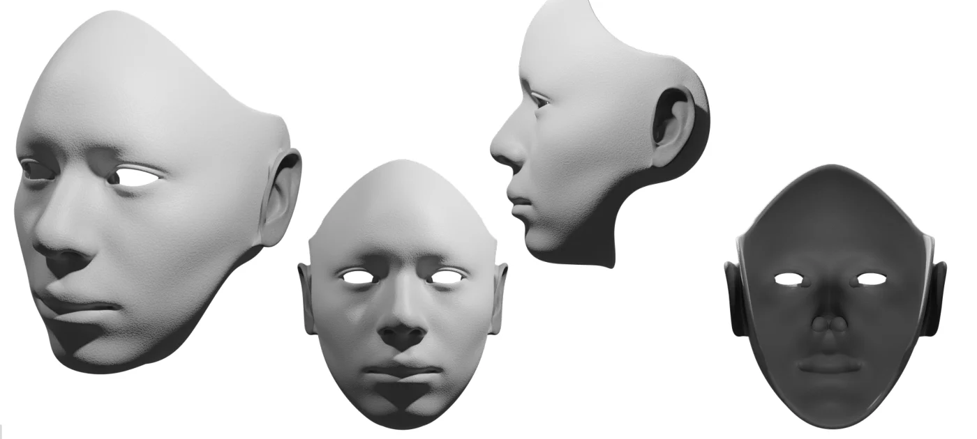 Render of the first face model in grey: three views of the outside with a fine skin texture and open eye holes, and one view of the inside of the shell