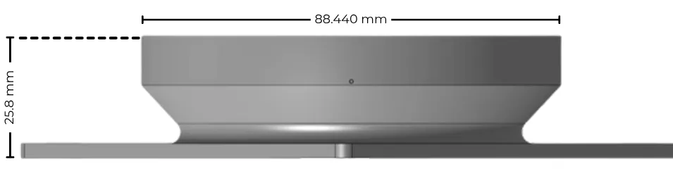 Side view drawing of the first design, with the collar 88.44 mm across and 25.8 mm tall above the plate