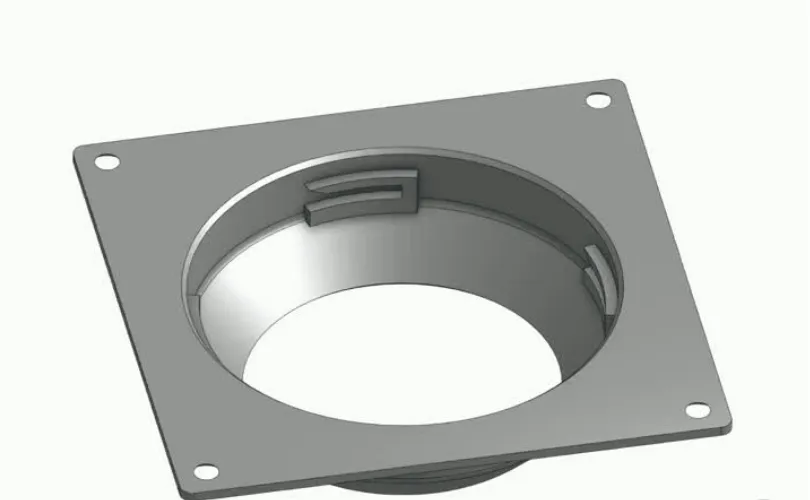 Render of the second design from above: a flat square plate with a wide round opening and locking tabs inside the collar
