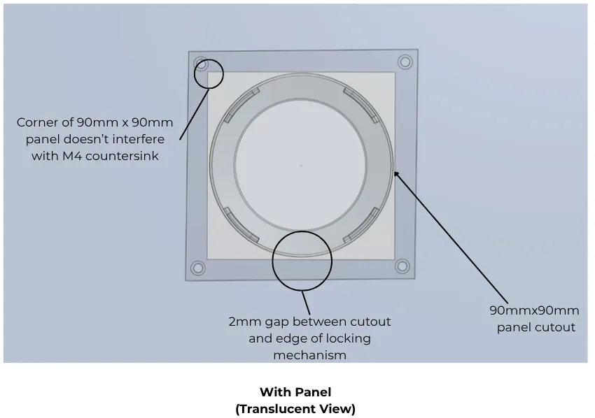 See-through drawing of the second design over a 90 x 90 mm panel cut-out, marking the 2 mm gap to the locking tabs and the clear corners