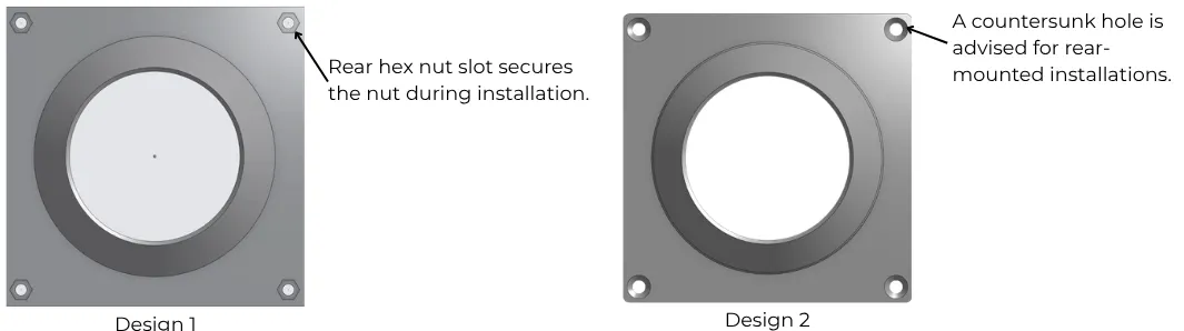 Two renders side by side: one plate with hex nut slots at the corners, one with countersunk holes
