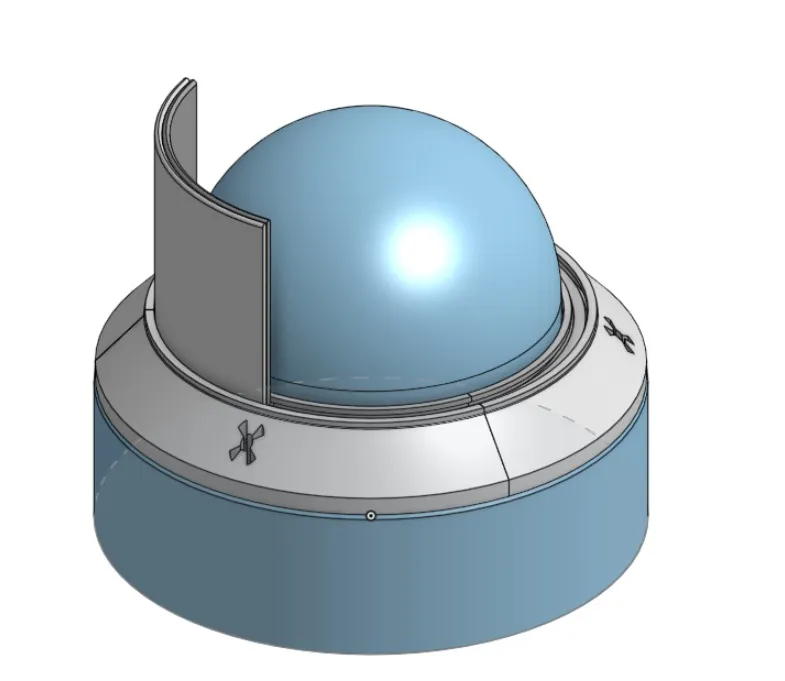 Render of the first idea: a curved grey wall rising beside a pale blue dome camera, on a ring around the camera's base