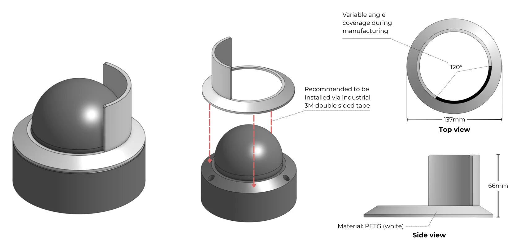 Render of the first design: a flat ring 137 mm across with a 120° curved wall, shown on the camera, exploded above it, from the top and from the side at 66 mm tall