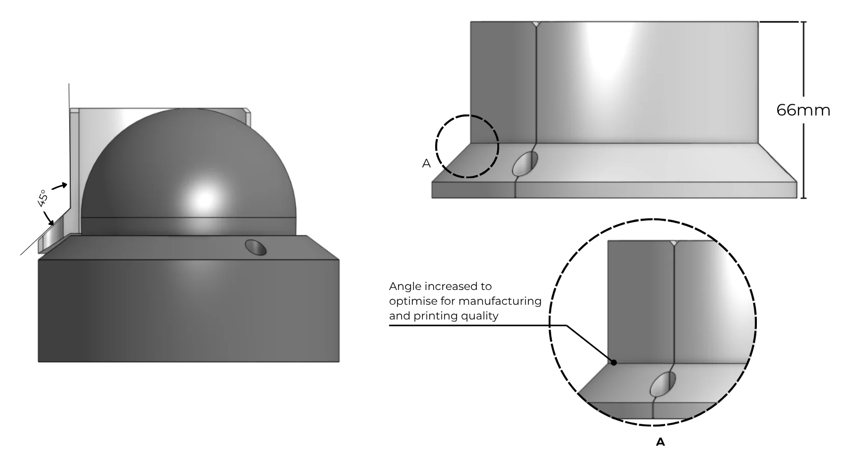 Drawing of the segment's foot angled at 45° where it meets the wall, with a close-up of the joint beside the screw hole notch