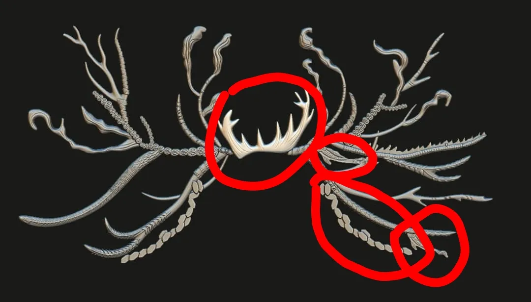The first full sculpt of the antlers with red circles around the small centre antler and branches on the lower right