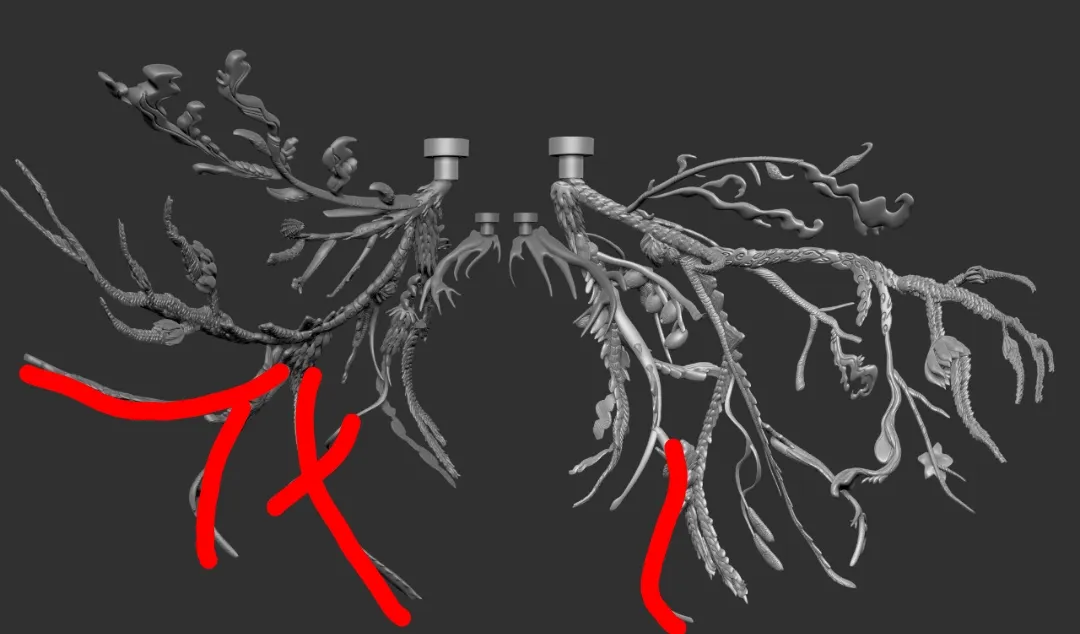 The sculpt with round mounts at the top where each side meets the wall, and red lines over the lowest branches